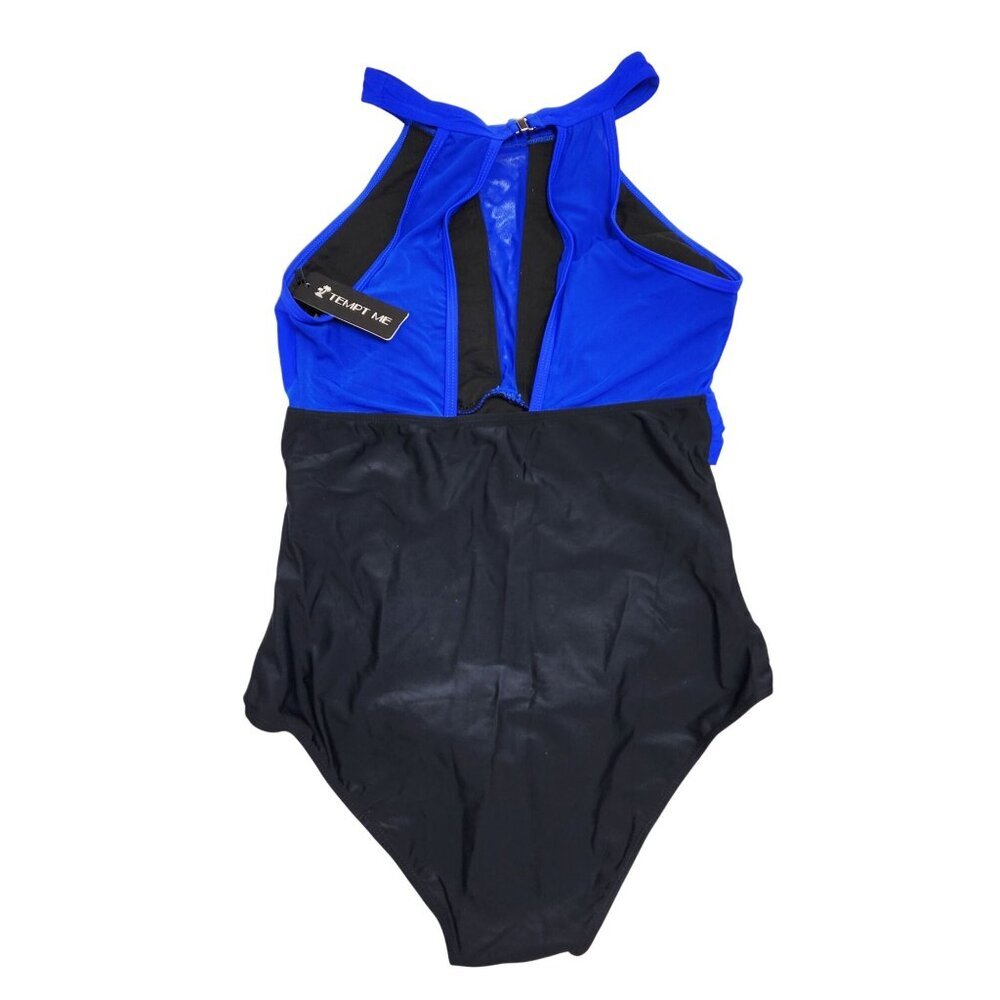 Tempt Me Womens High-Neck One Piece Halter Swimsuit Mesh Back Blue Black Size M - Picture 2 of 5